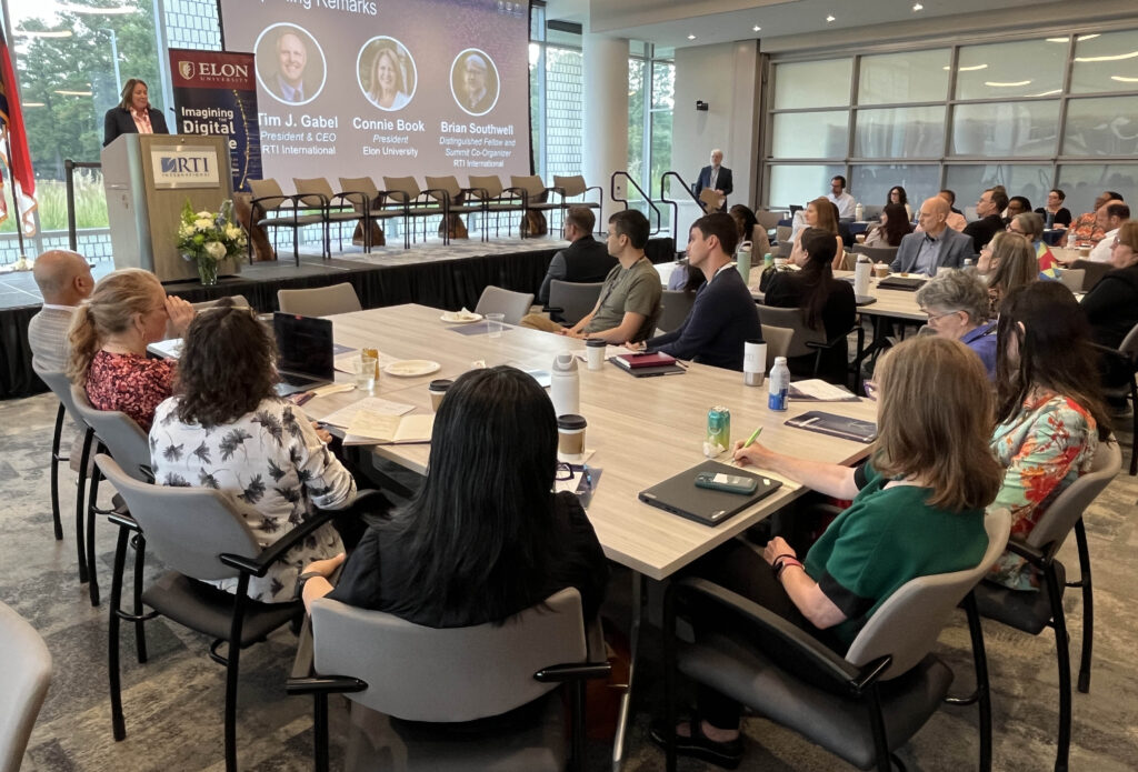 Elon President Connie Book speaking at the Elon/RTI summit on Sept. 17, 2025